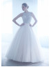 Richly Beaded Ivory Tulle Sheer Buttons Back Wedding Dress